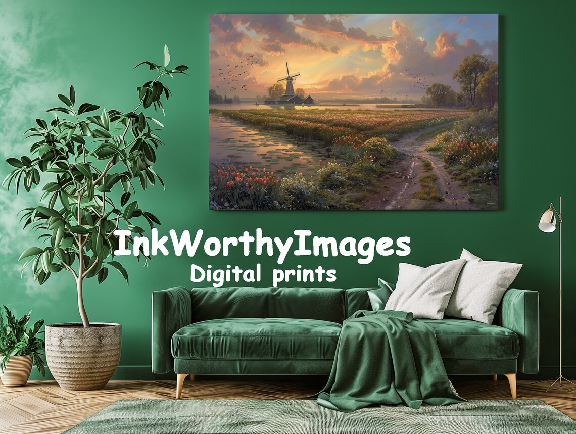 Sunset Over Tulip Fields, Dutch Windmill Landscape - Image 2