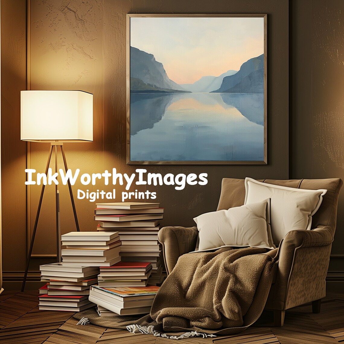 Serene Lake Sunset Landscape Painting, Calm Reflections - Image 3