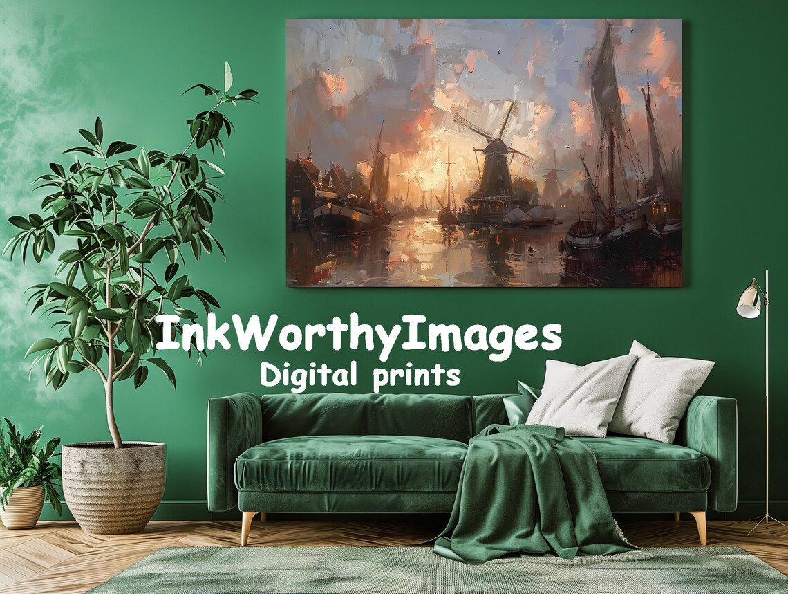 Sunset Harbor With Windmills, Dutch Seaside Landscape - Image 2
