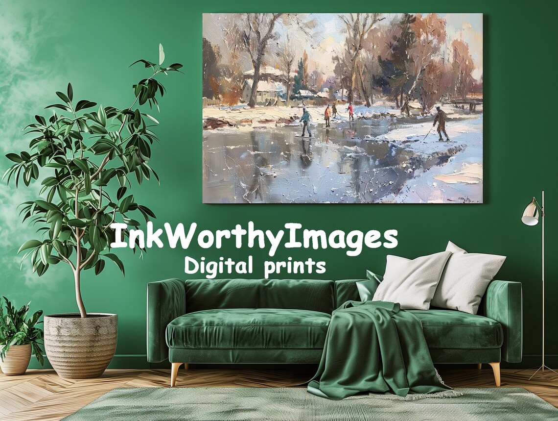 Winter Skating Scene, Snowy Village Landscape - Image 2
