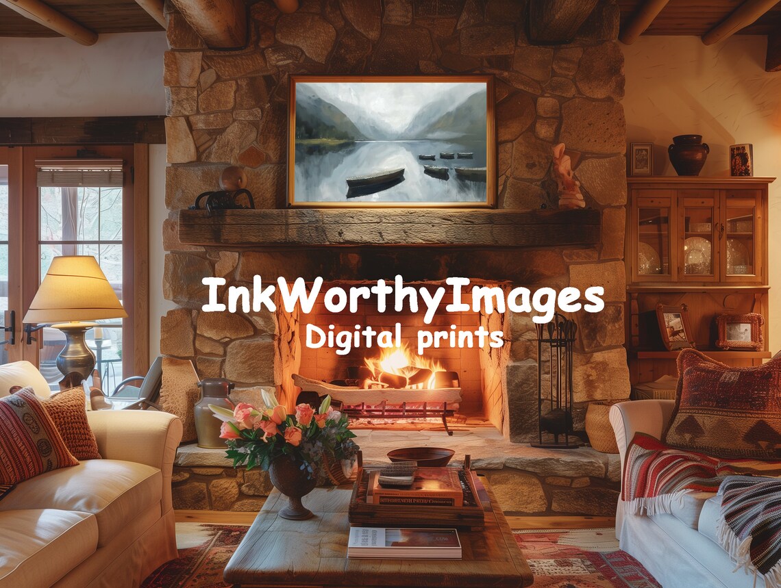 Peaceful Mountain Lake Painting, Serene Landscape - Image 2
