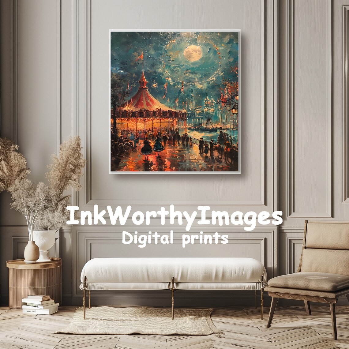 Magical Moonlit Carnival Scene, Vintage Fairground Art - Image 6