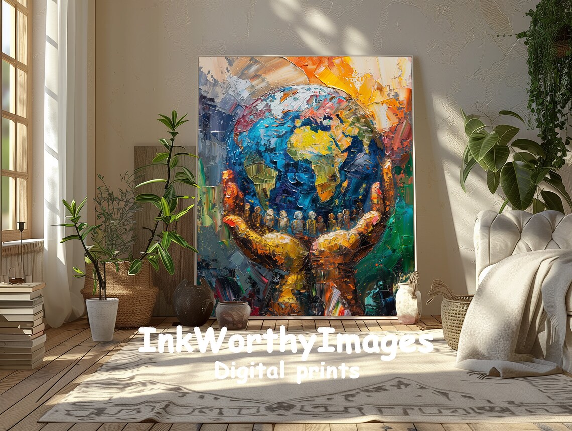 World In Hands, Colorful Earth Unity Decor - Image 5
