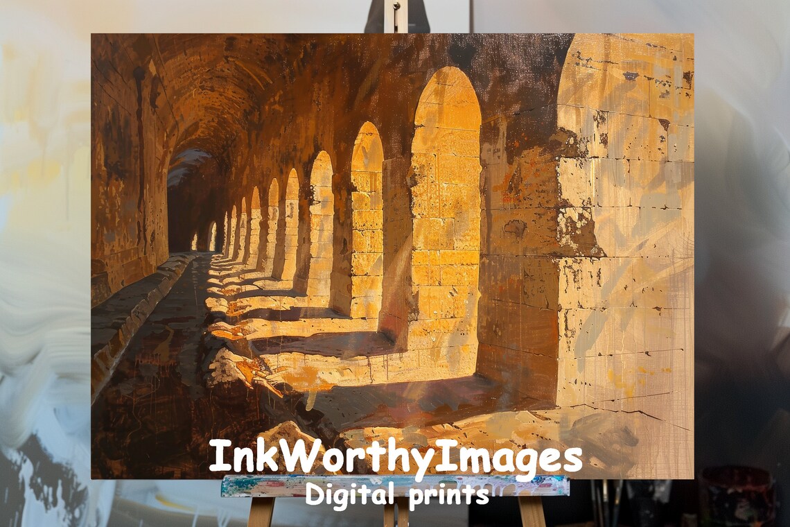 Ancient Arches, Sunlit Corridor Art Print