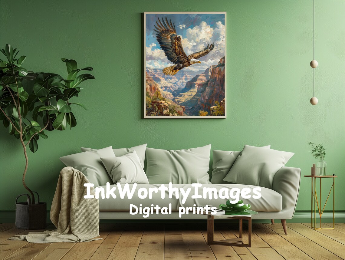 Majestic Eagle Over Canyon Painting, Wildlife Landscape - Image 2