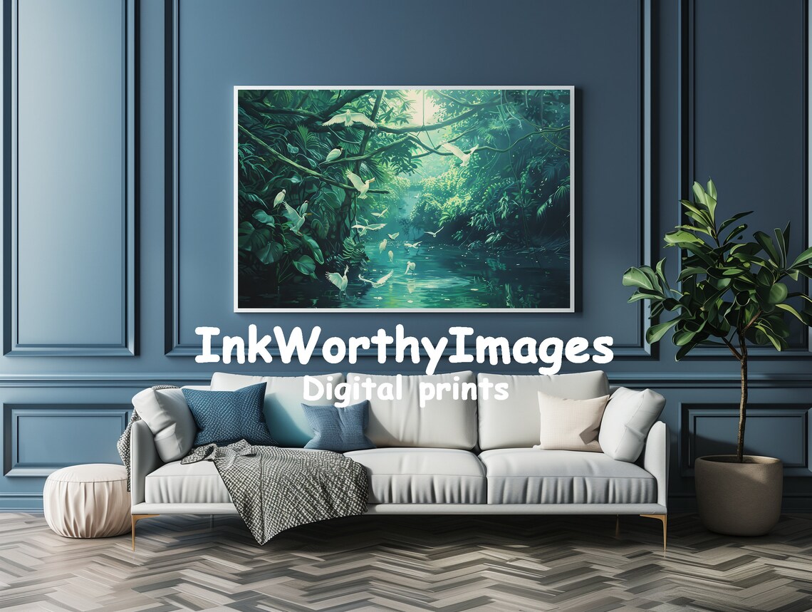 Tranquil Jungle River Tropical Bird Scene - Image 4