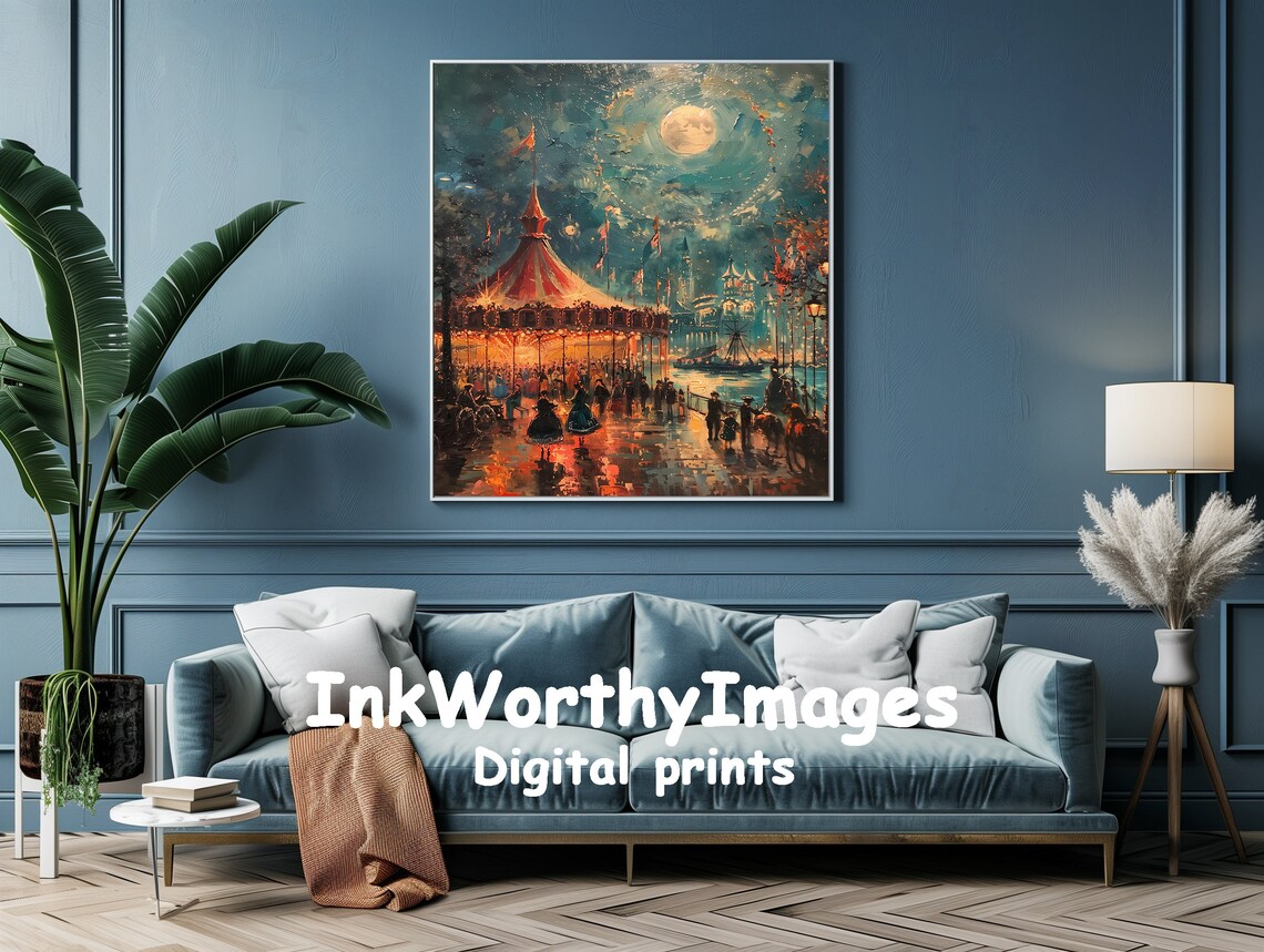 Magical Moonlit Carnival Scene, Vintage Fairground Art - Image 2