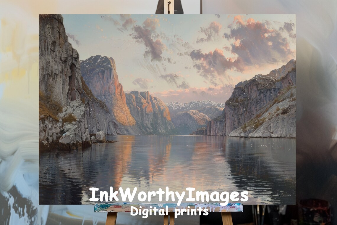 Sunset Fjord Landscape Painting, Realistic Mountain Lake