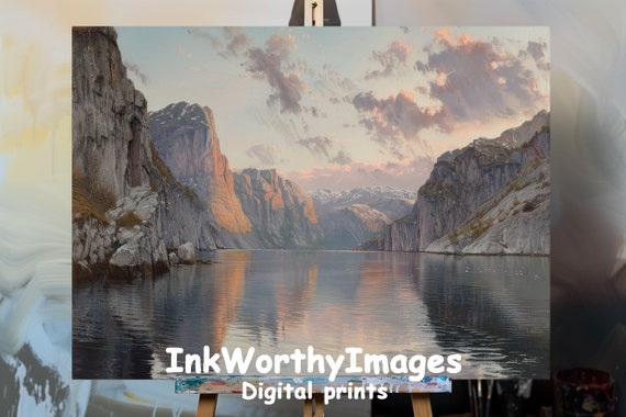 Sunset Fjord Landscape Painting, Realistic Mountain Lake