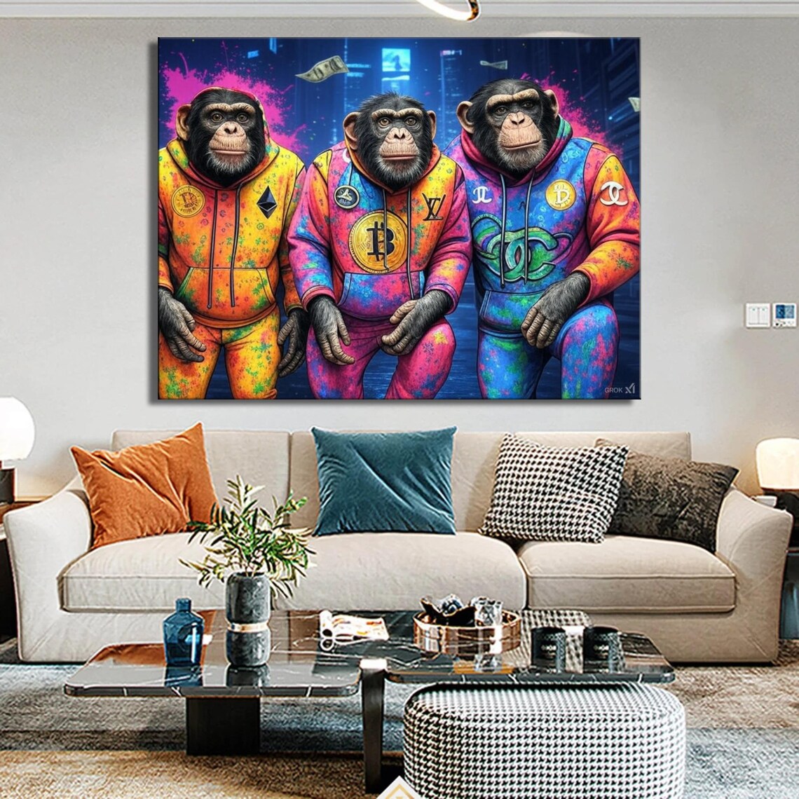 Graffiti Pop Art Crypto 3 Monkeys In Luxury Hoodies Bold Urban Street Art Vibrant Bitcoin Ethereum Wall Decor For Modern Spaces