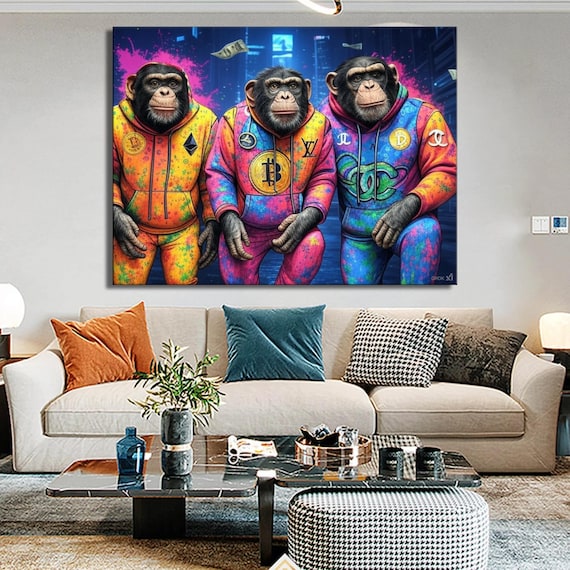 Graffiti Pop Art Crypto 3 Monkeys In Luxury Hoodies Bold Urban Street Art Vibrant Bitcoin Ethereum Wall Decor For Modern Spaces