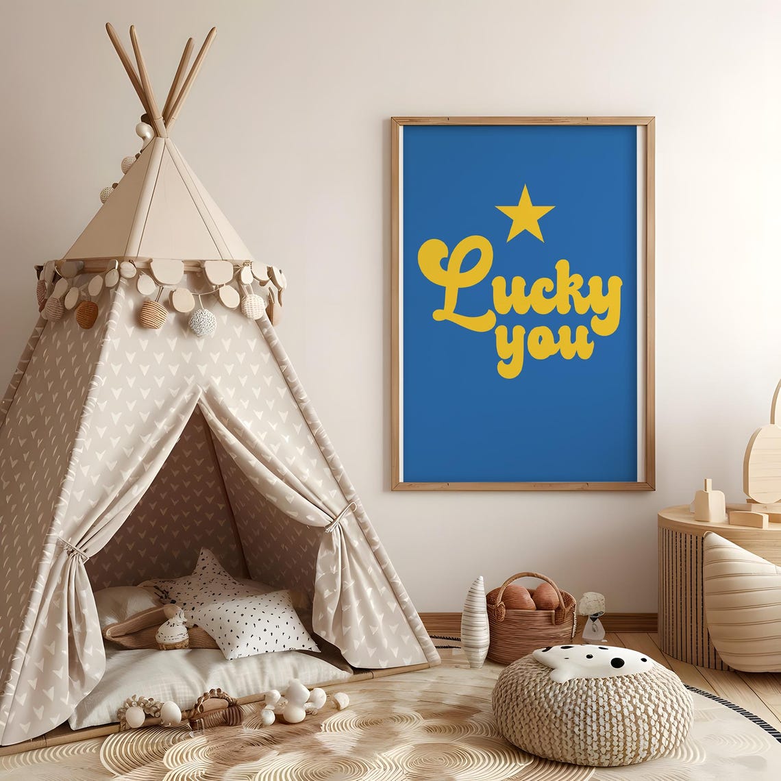 Lucky You Yellow Groovy Script Star Bright Blue Trendy Art Poster - Image 2