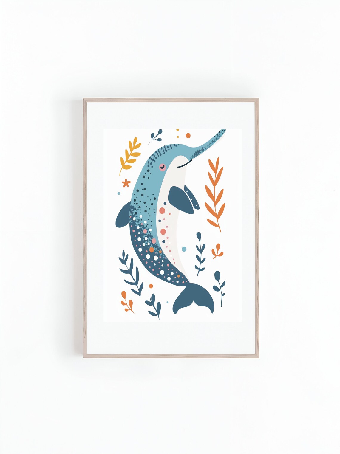 Cute Spotted Narwhal Illustration With Seaweed Kids Room Poster