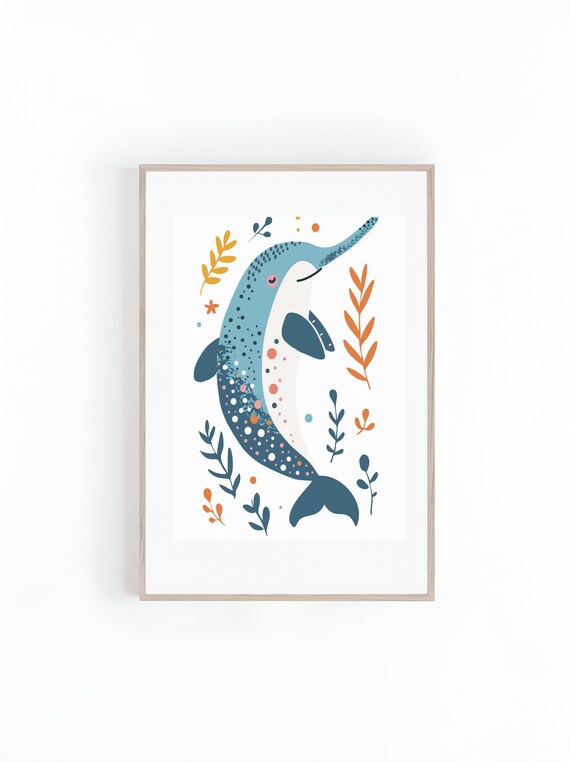Cute Spotted Narwhal Illustration With Seaweed Kids Room Poster