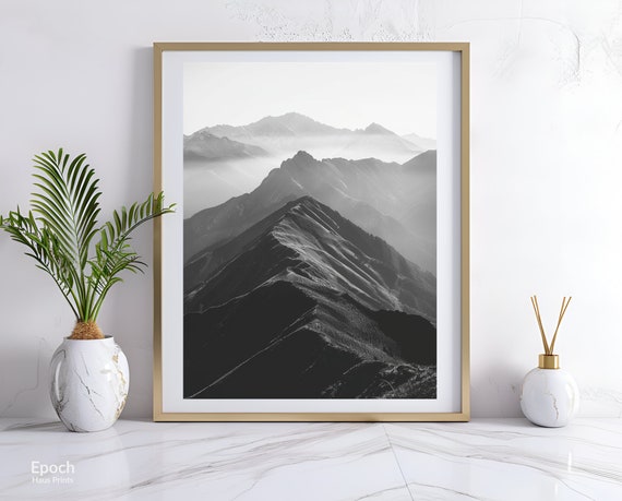 Photo Of Rolling Hills And Mountain Ranges Black And White Beautiful Landscape Photo Minimalist Wall Art Print Instant