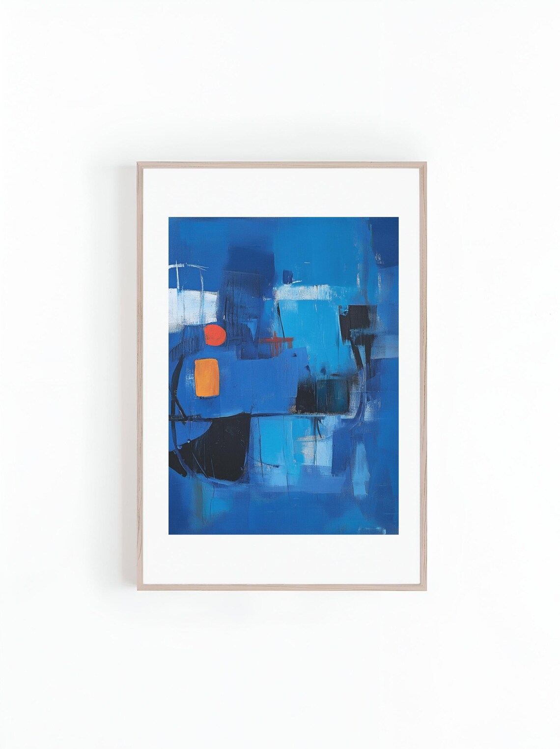 Abstract Blue Acrylic Oil Painting, Mid Century
