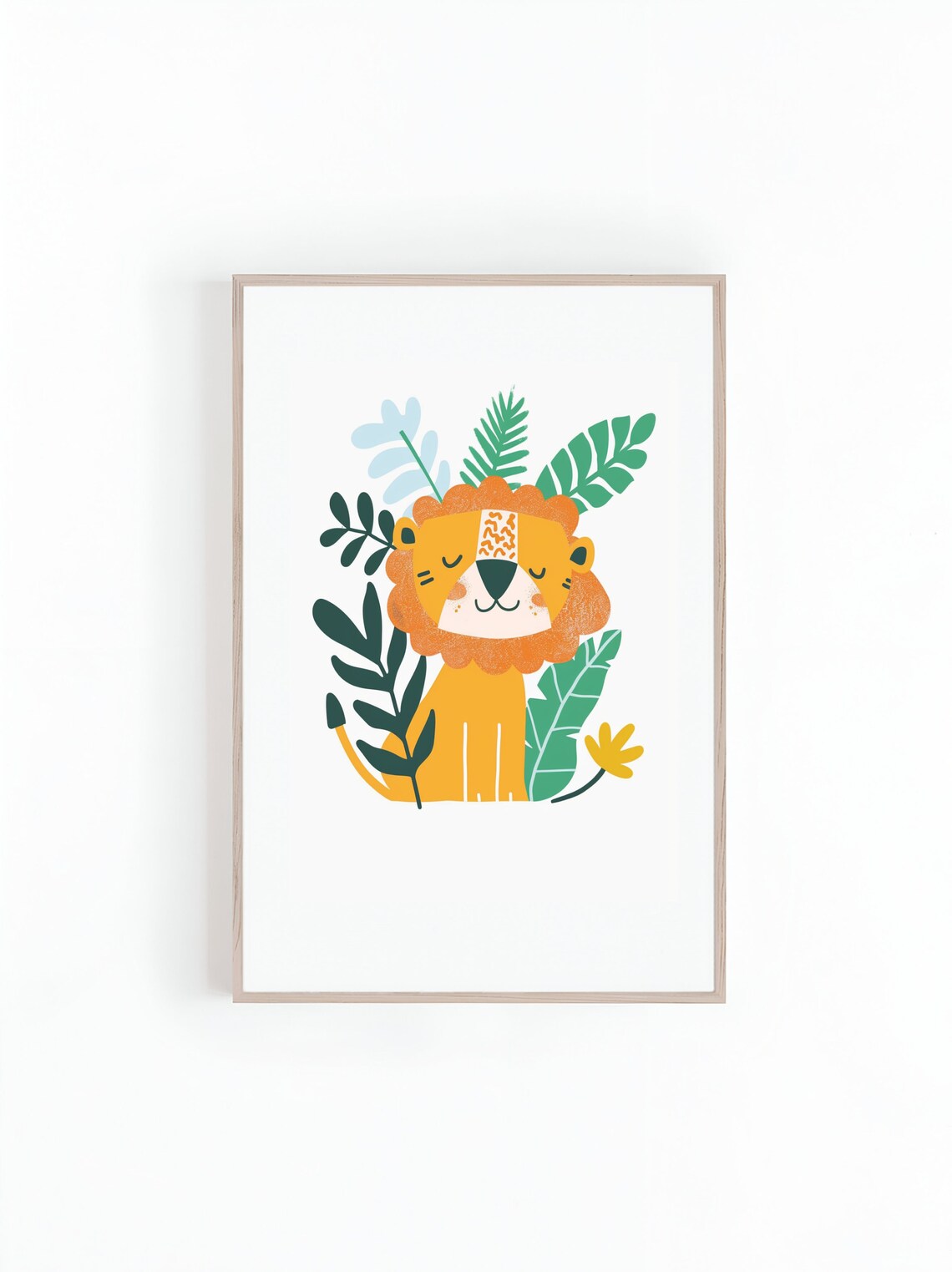 Cute Smiling Lion Surrounded By Tropical Leaves Kids Room Poster