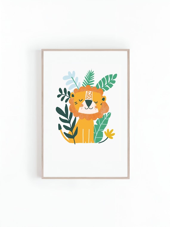 Cute Smiling Lion Surrounded By Tropical Leaves Kids Room Poster