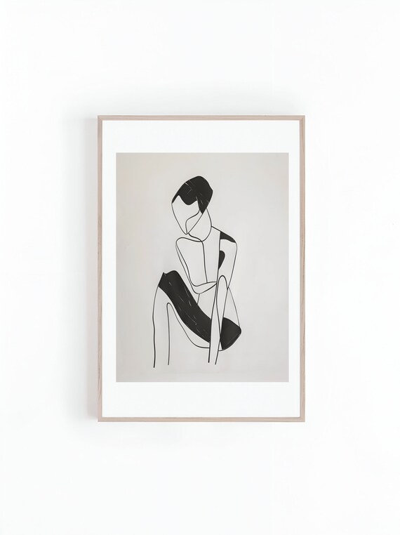 Seated Woman Stencil Line Drawing, Minimalist Art Print