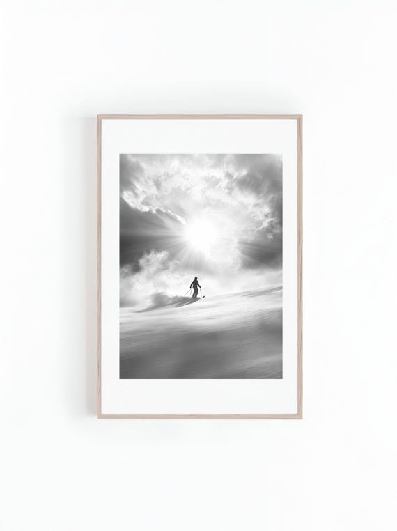 Photo Of Skier On Snowy Mountain Ranges Black And White Back Country Skiing Beautiful Landscape Photo Wall Art Instant