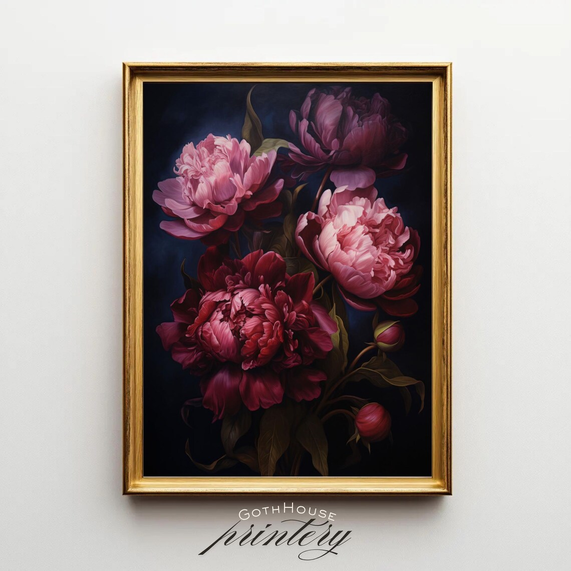 Dark Moody Peony Art Print, Cottage Academia