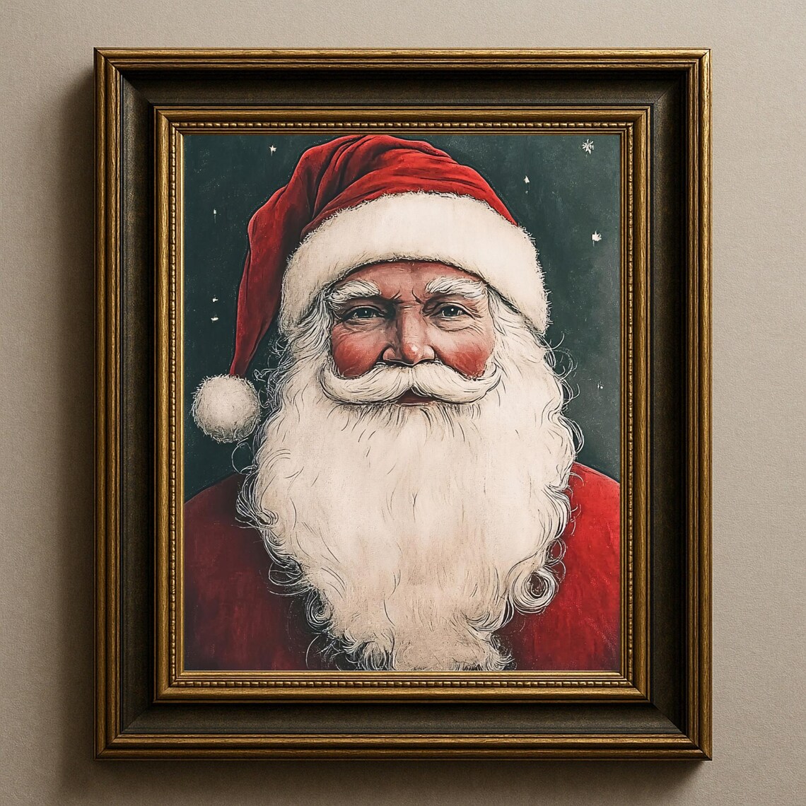Vintage Santa Claus Portrait Christmas Night Sky Retro Painting Art Poster