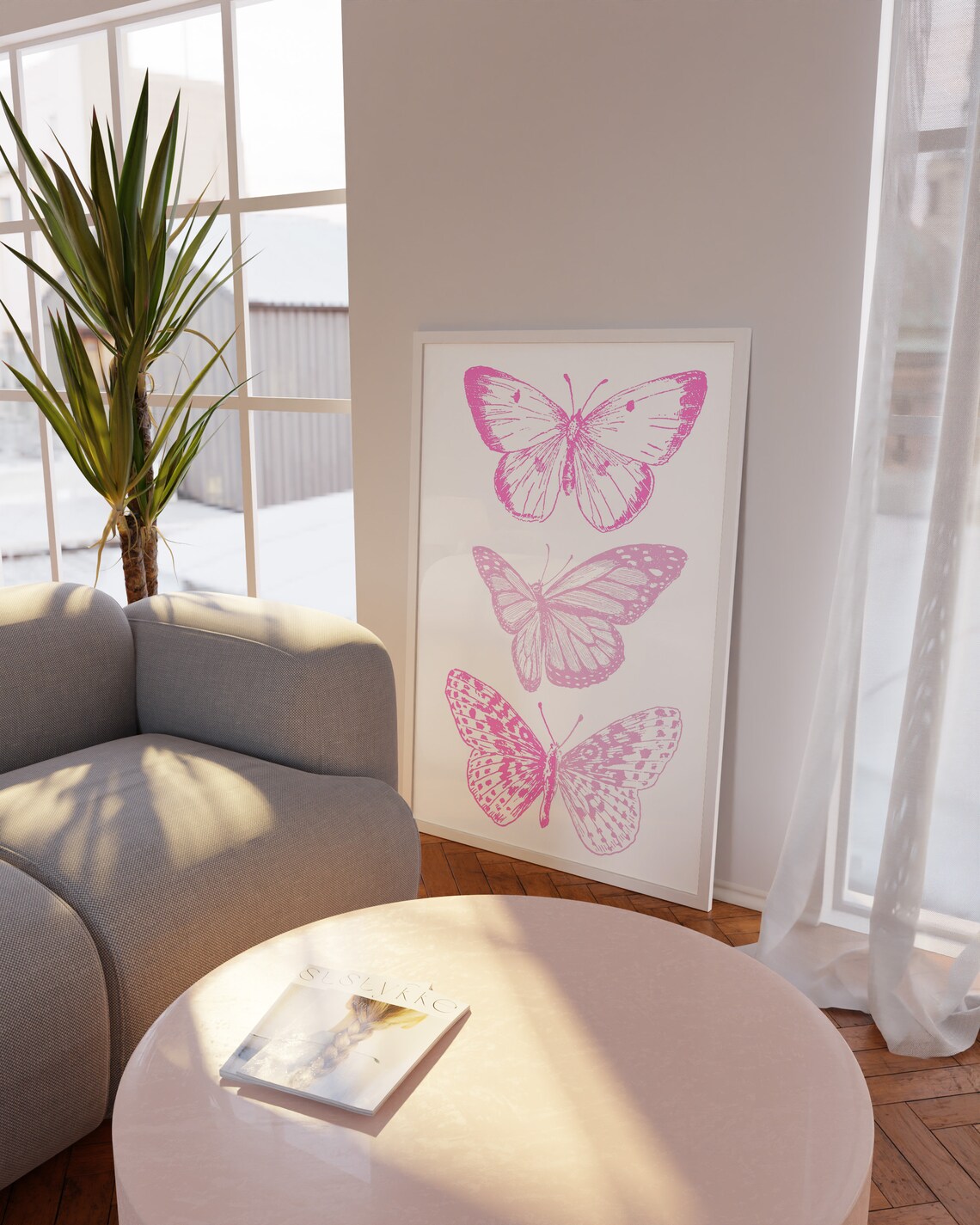 Pink Butterfly Trio Bright Magenta Trendy Bedroom Wall Decor Poster - Image 2