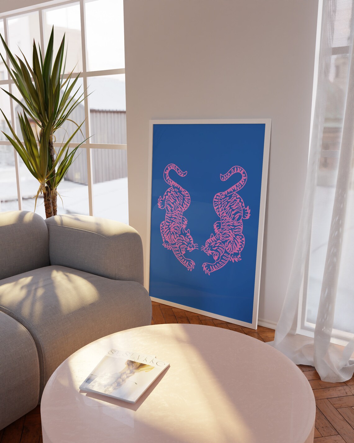 Pink Blue Tiger Print, Preppy Room Decor Art Print - Image 2