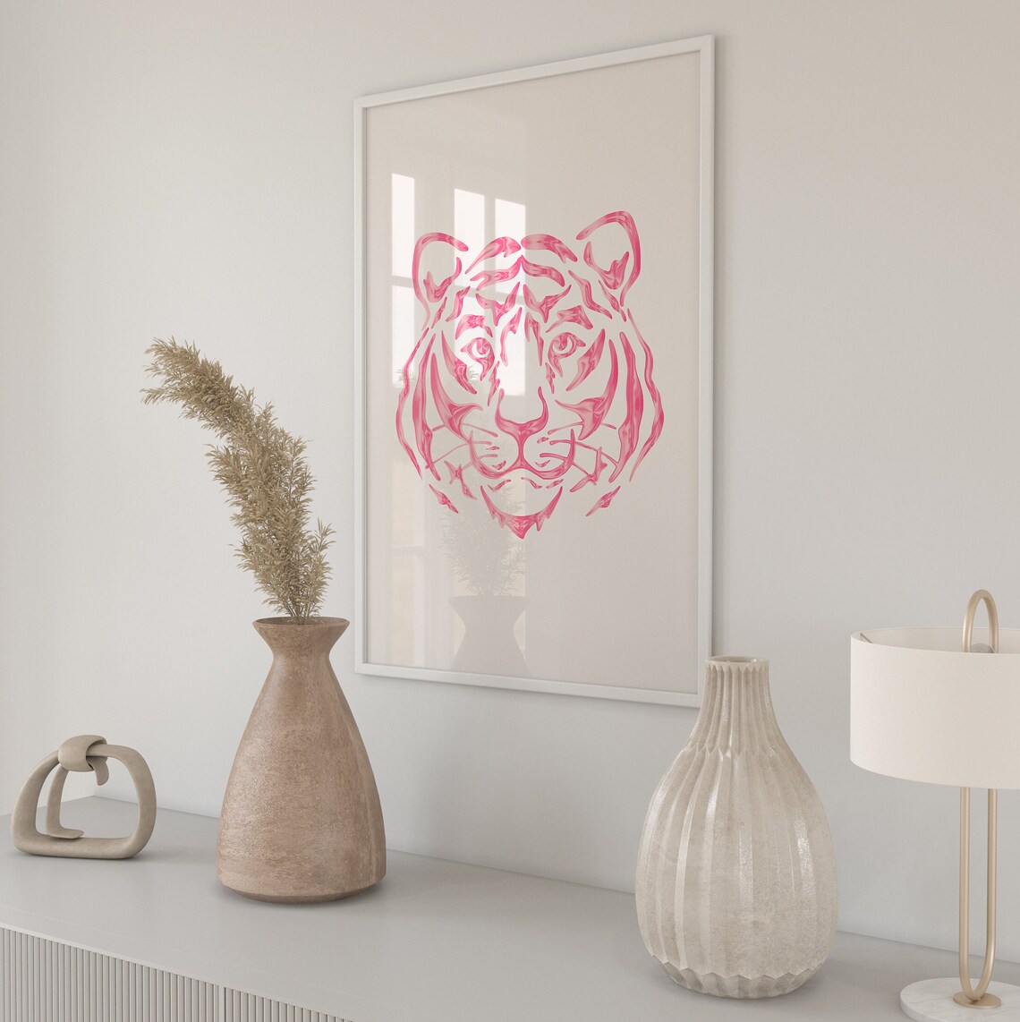 Pink White Tiger Poster Print, Preppy Maximalist Decor