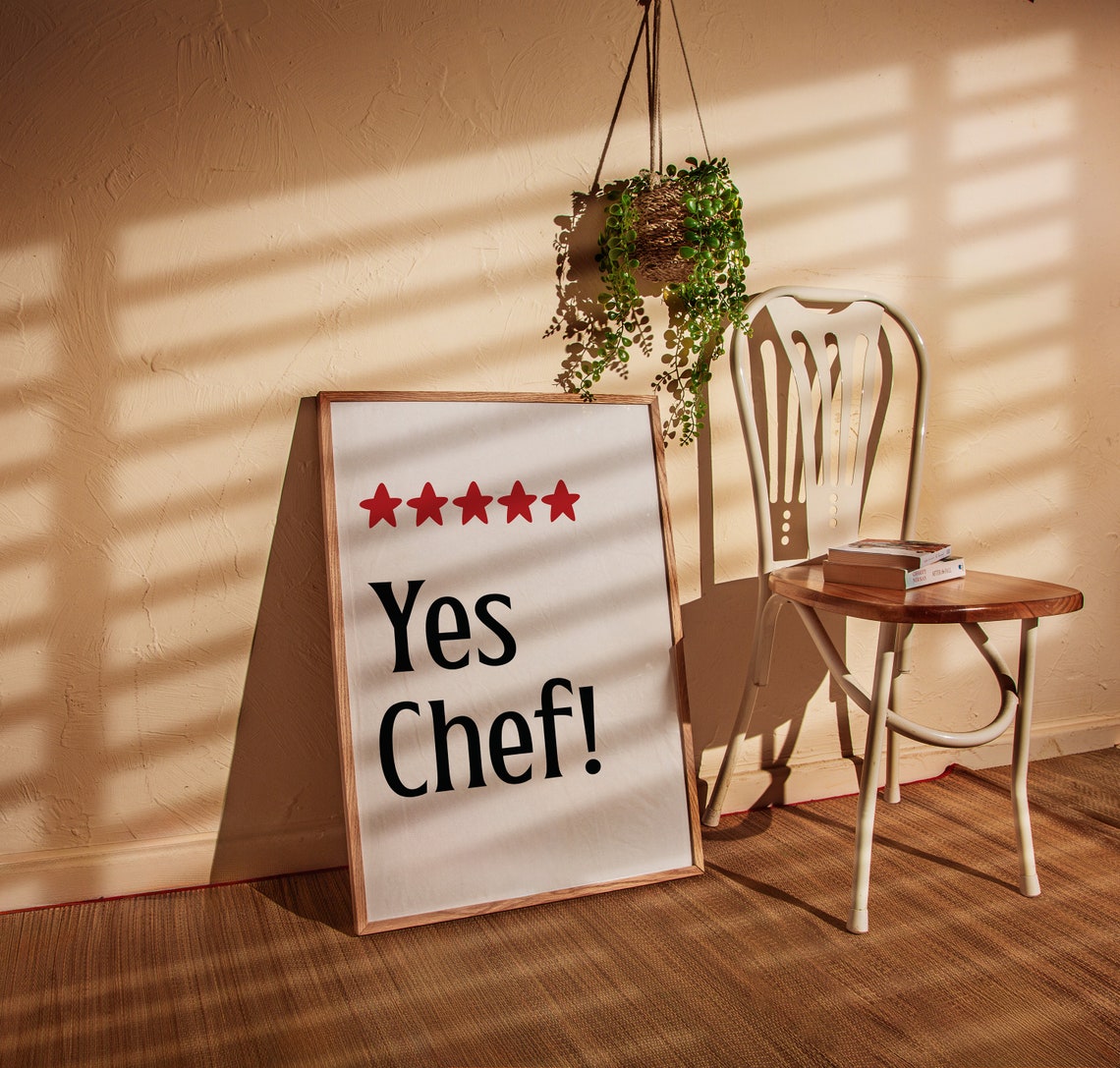Yes Chef Black Serif Five Red Stars Classic Kitchen Quote Poster - Image 3