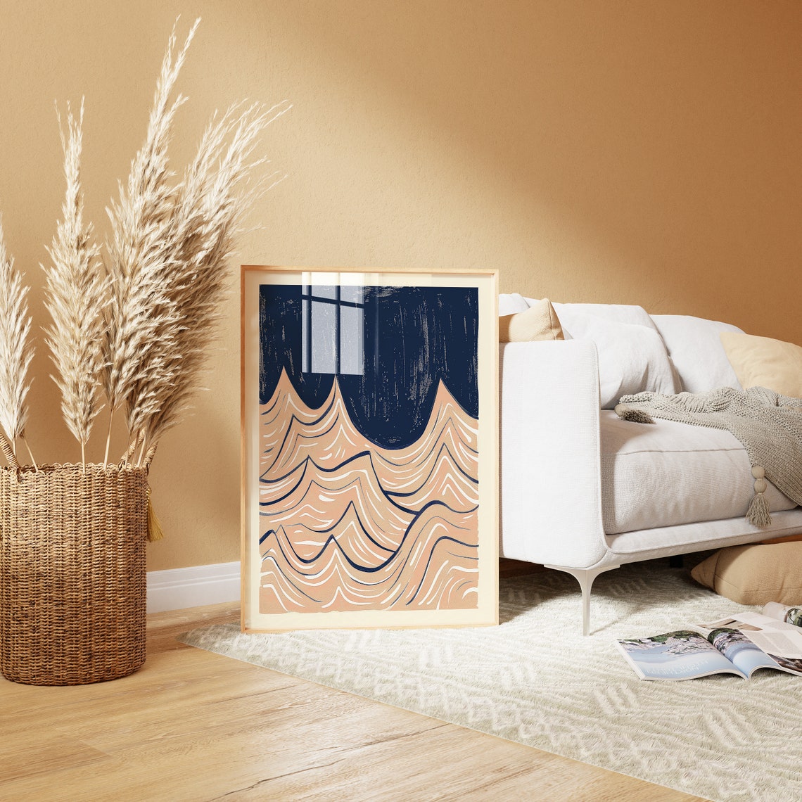 Abstract Navy Blue Beige Ocean Wave Minimalist Coastal Poster - Image 3