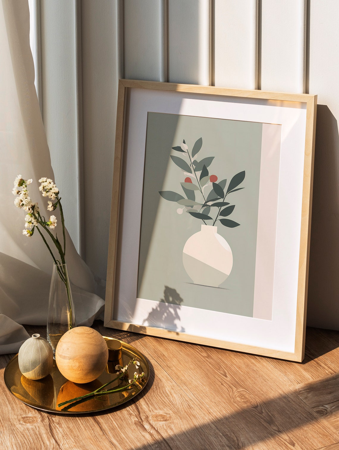 Minimalist Sage Green Vase Botanical Leaves Red Berries Poster - Image 2