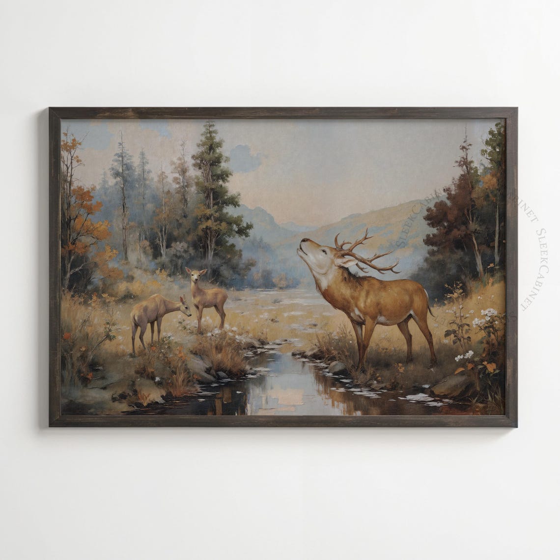 Bugling Elk Stag Deer Family Autumn Stream Wildlife Art Poster - Image 2
