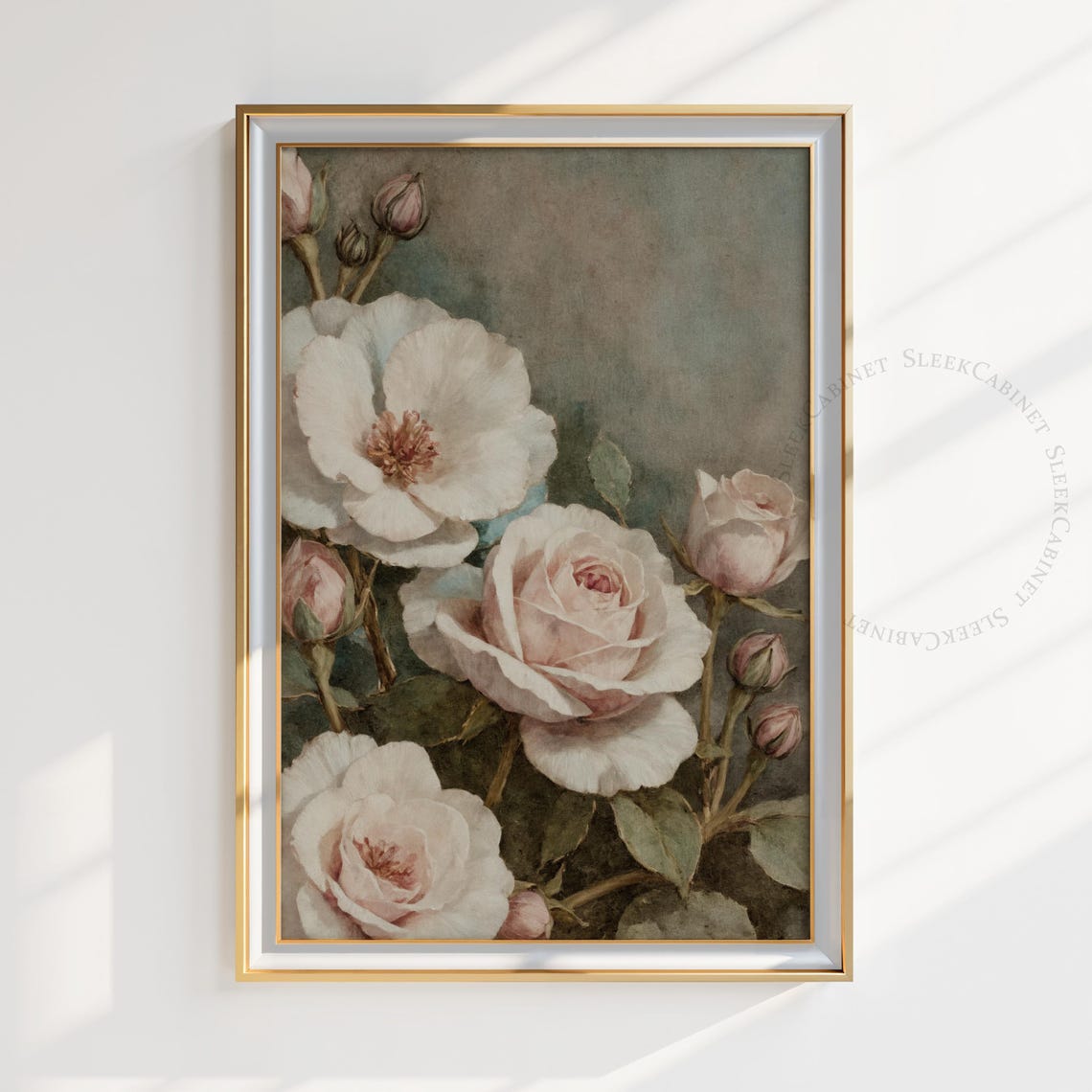 White and Blush Roses with Buds Soft Vintage Botanical Print