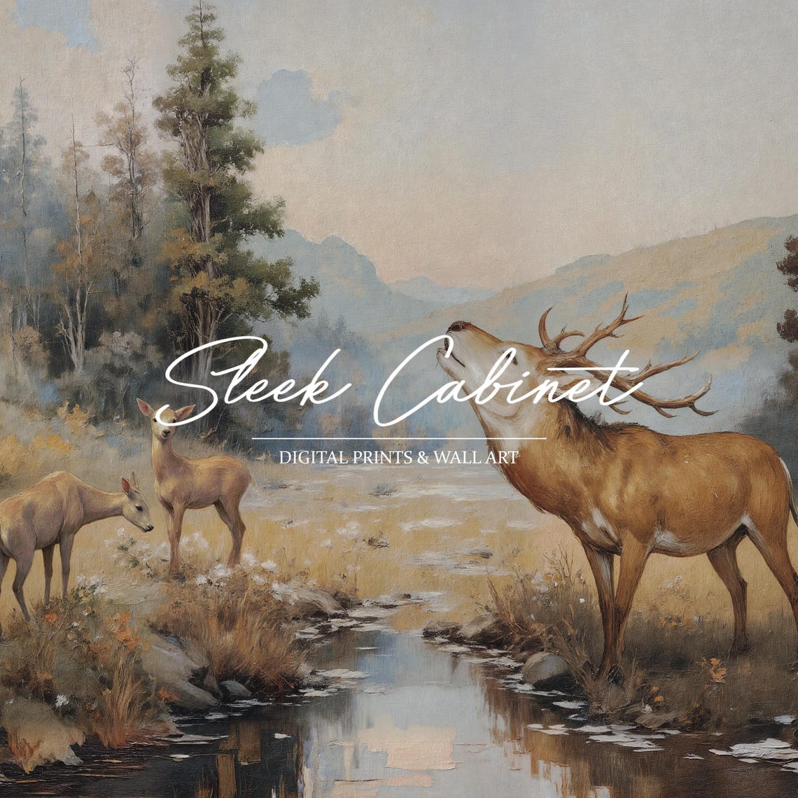 Bugling Elk Stag Deer Family Autumn Stream Wildlife Art Poster - Image 4