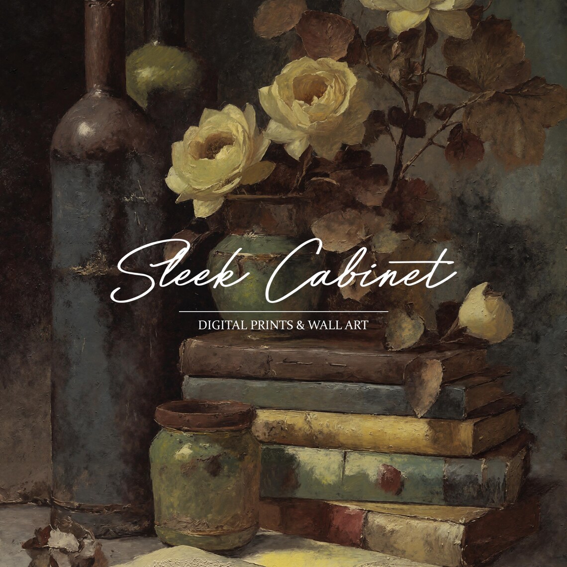 Dark Academia Books Bottles Cream Roses Still Life Art Poster - Image 4
