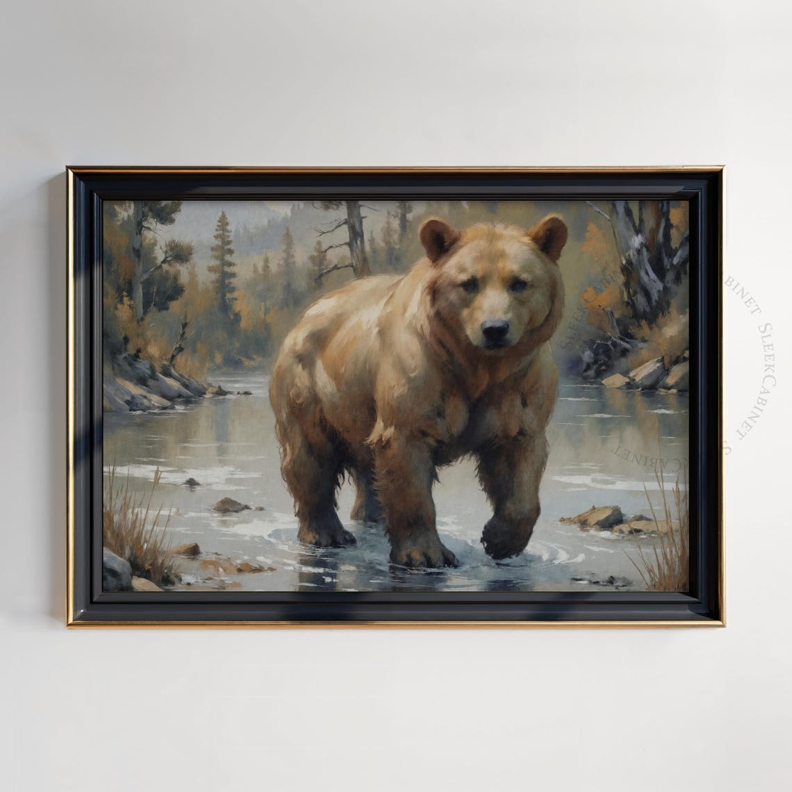 Brown Bear Wading River Misty Forest Vintage Wildlife Art Poster