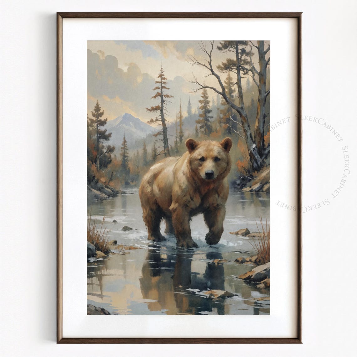 Brown Bear Mountain Stream Pine Forest Rustic Wildlife Art Poster - Image 2