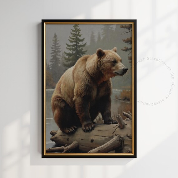 Brown Bear Resting on Fallen Log Lake Pine Forest Art Poster