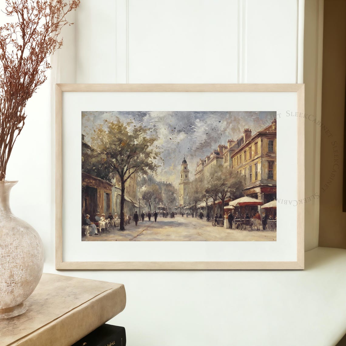 Paris Street Cafe Scene Church Tower Vintage Oil Painting Poster - Image 2