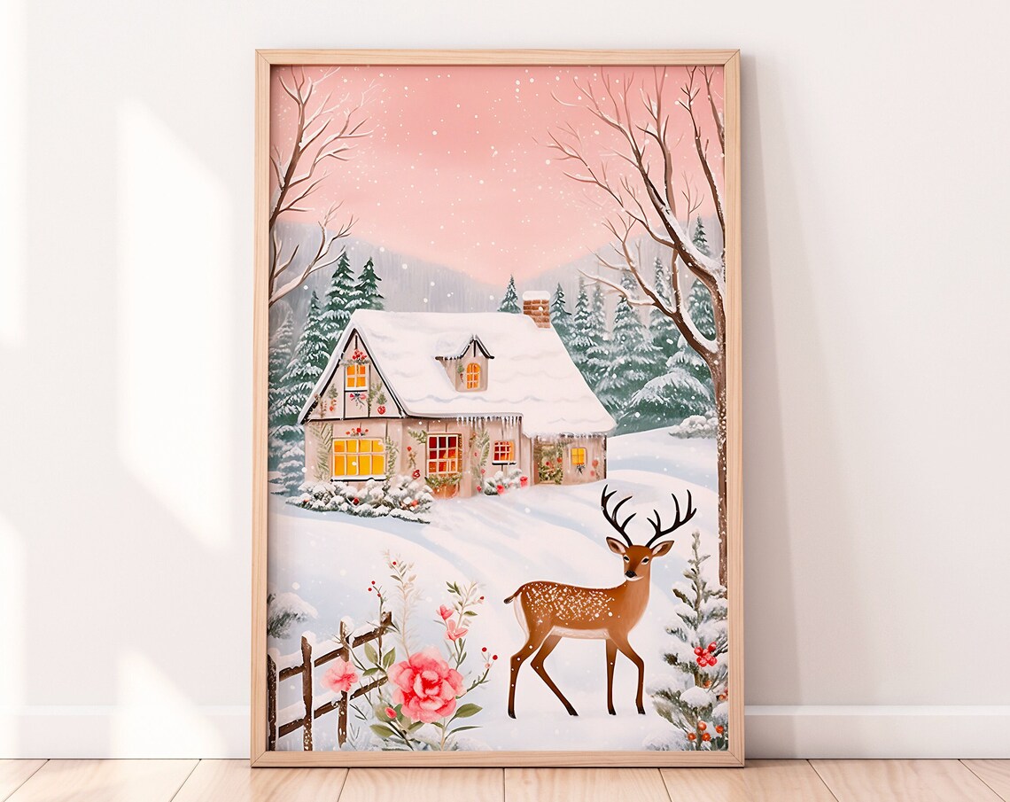Festive Christmas Cottage Deer Art Print