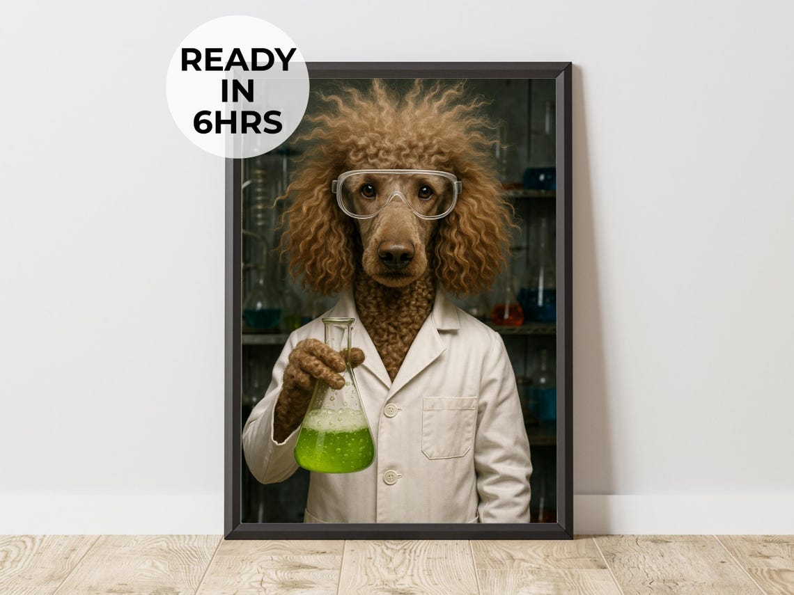 Poodle Mad Scientist Lab Coat Goggles Green Flask Dog Poster