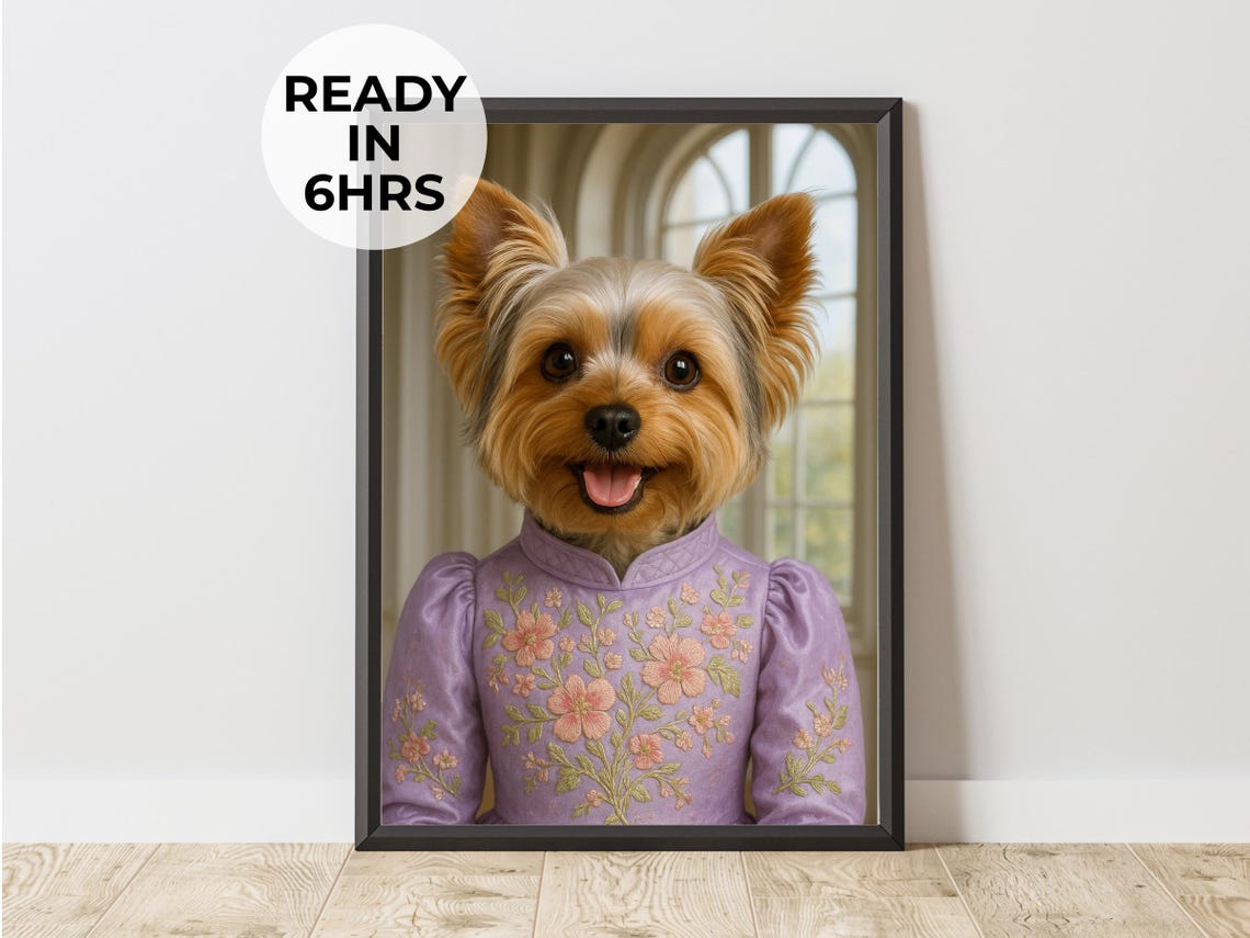 Smiling Yorkshire Terrier Lavender Embroidered Outfit Portrait Poster
