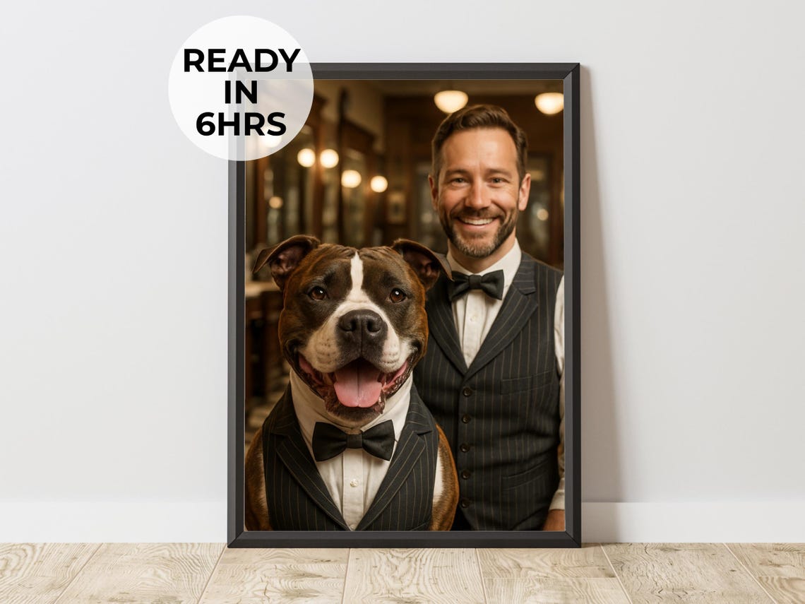 Custom Gentleman Pet Owner Portrait, Dapper Dog Gift
