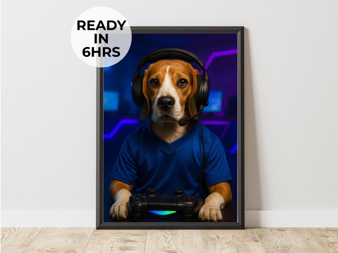 Beagle Gamer Dog Headset Controller Neon Gaming Room Art Poster