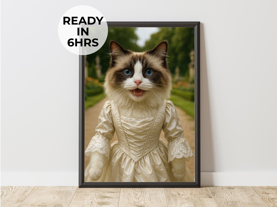 Ragdoll Cat Regency Dress Garden Funny Royal Pet Portrait Wall Art