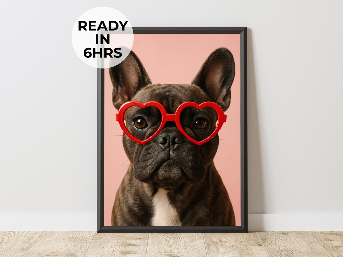 Custom Heart Glasses Dog Portrait French Bulldog Valentine Funny Poster