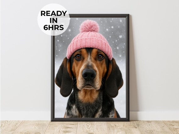 Bluetick Coonhound Puppy Pink Beanie Hat Poster Winter Snow Portrait