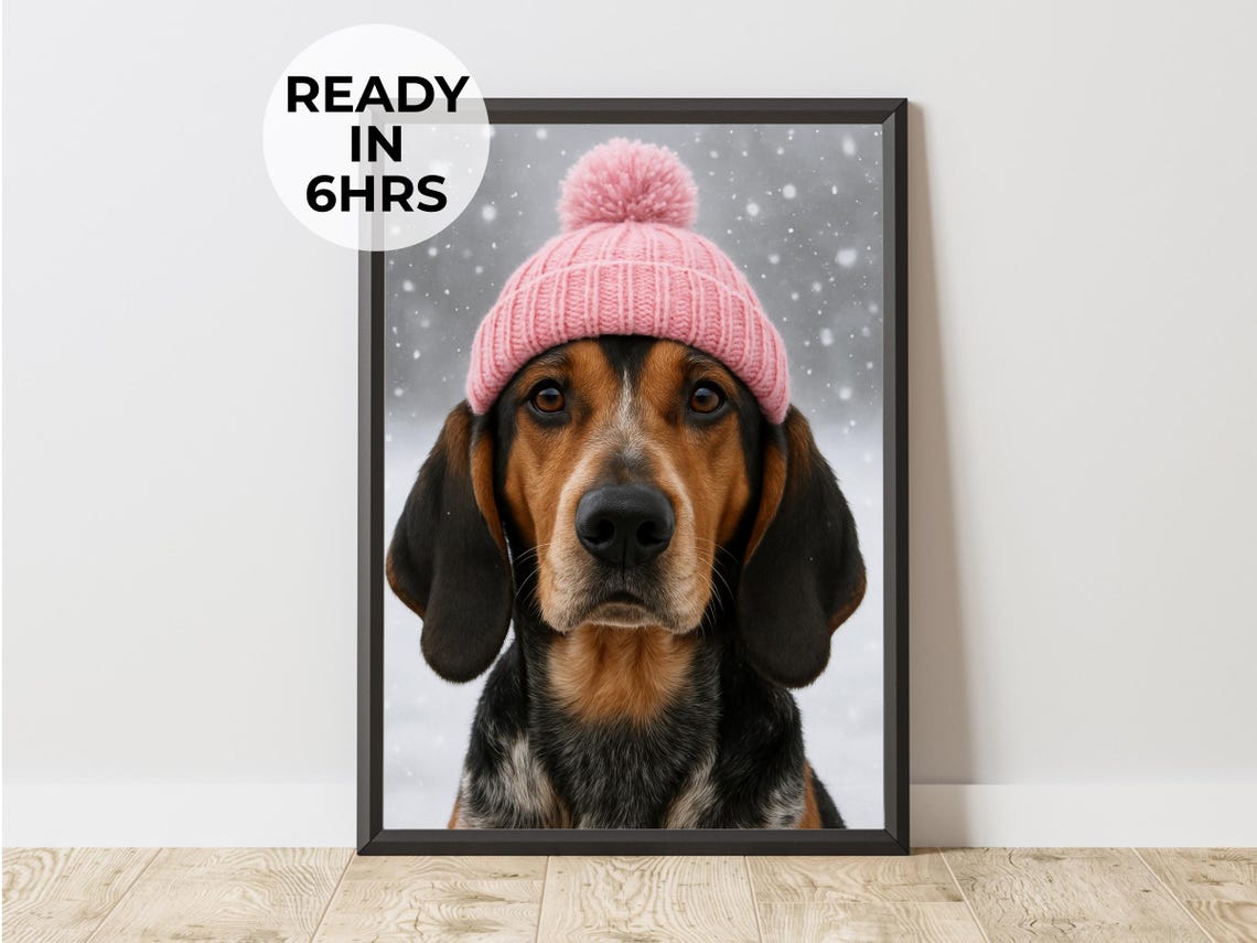 Bluetick Coonhound Puppy Pink Beanie Hat Poster Winter Snow Portrait