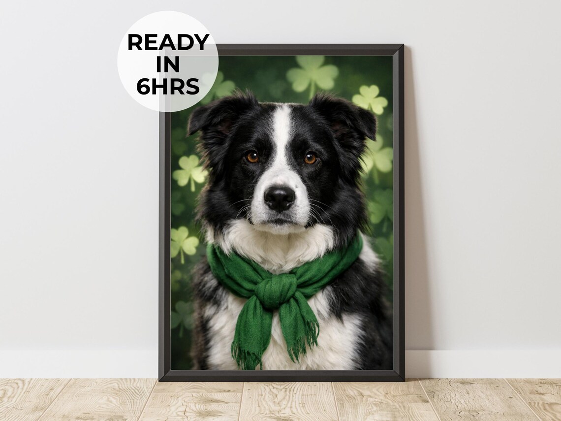 Border Collie St Patricks Day Shamrock Green Scarf Cute Holiday Dog Wall Art